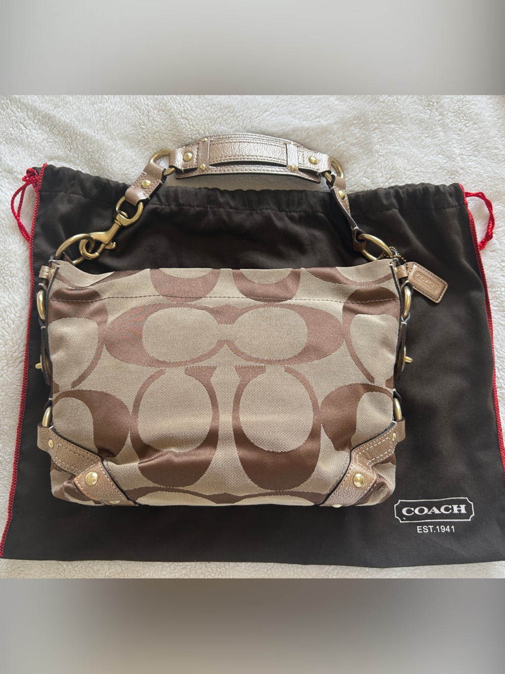 Coach Brown Signature Canvas Shoulder Bag with Metallic Trim